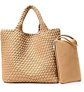 KALIDI Woven Tote Bag, Women Macaron Soft Leather Weave Handbag Purse Wrist Bag Large Capacity Wo...