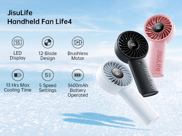 JisuLife handheld fans in white, black, and pink. Features include LED display, 4-speed settings, and 5000mAh battery. Product specifications listed.