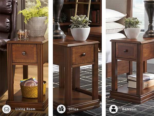 Classic contemporary side table with pewter-tone hardware adding elegant style to a cozy room