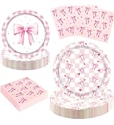 RVXHUA 150PCS Pink Bow Birthday Party Decorations - Coquette Paper Plates and Napkins for 50 Gues...