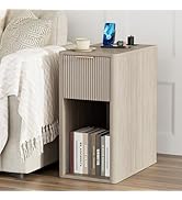 Homleke Narrow End Table with Fluted Drawer and Charging Station, Small Nightstand with USB Ports...