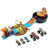 Hot Wheels Toy Monster Trucks Playset, Tire-Shaped Case Transforms into Race Course, 3 Trucks &amp; 4...