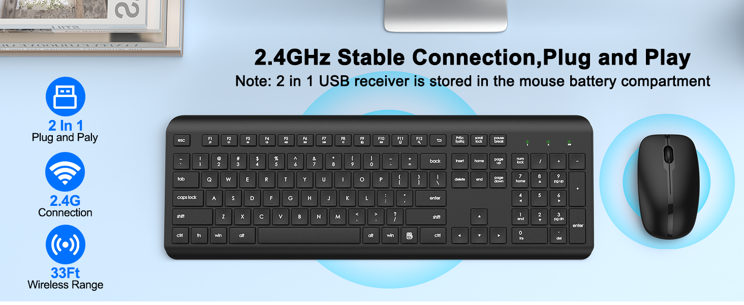 Wireless Keyboard and Mouse Combo Full-Size Silent Ergonomic Keyboard and OpticalMouse