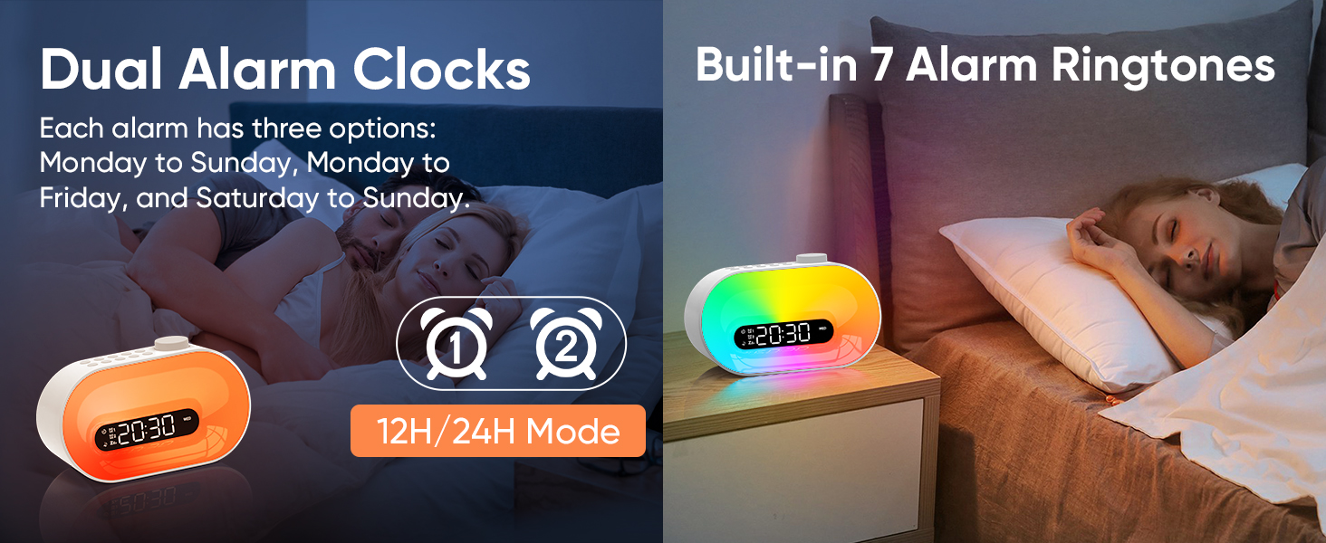 white noise machine alarm clock supports dual alarm and has 7 built in pleasant wake up alarms