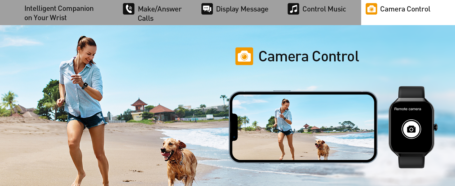 Split-screen demonstration of camera control feature showing smartphone and smartwatch interface while photographing outdoor activity.