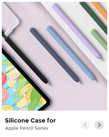 Collection of silicone cases for digital stylus in various colors including purple, green, and blue, displayed alongside a tablet device.