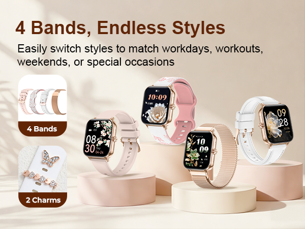 Women Smartwatch with 4 Interchangeable Bands and 2 Decorative Charms