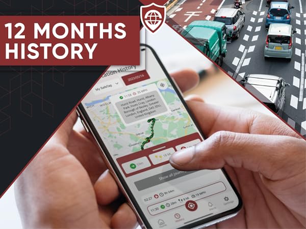 Smartphone displaying navigation map interface with '12 MONTHS HISTORY' text overlay and street view in background.