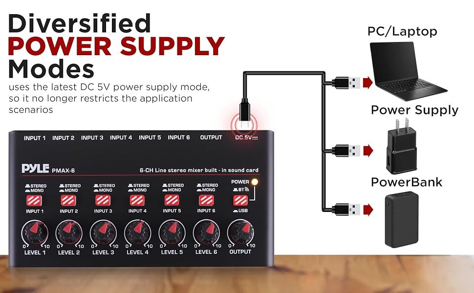 6-Channel Wireless BT Streaming Mini Line Mixer with USB Audio Interface