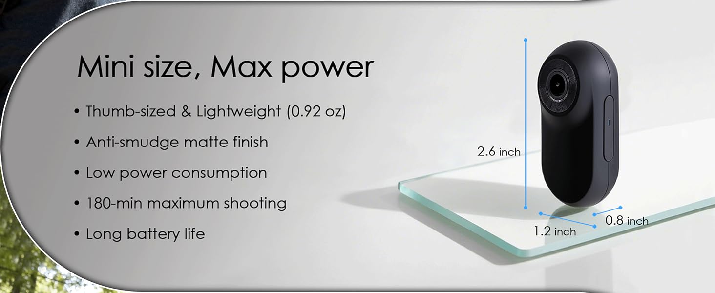 Text reads 'Mini size, Max power', 'Portable-sized &amp; Lightweight (0.97 oz)', 'Anti-scratching matte finish', 'Low power consumption', 'Long battery life'. Product specifications with technical illustrations.