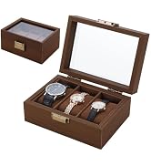 AHANDMAKER 3 Slots Wood Watch Storage Boxes, Coconut Brown Watch Display Case with Glass Window, ...