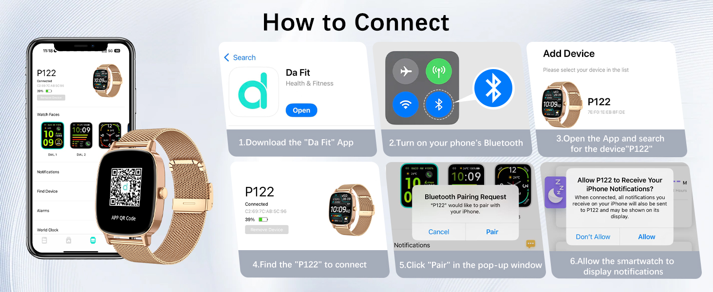 Series of smartphone interface screenshots showing connection steps for a smartwatch, including pairing and setup instructions.