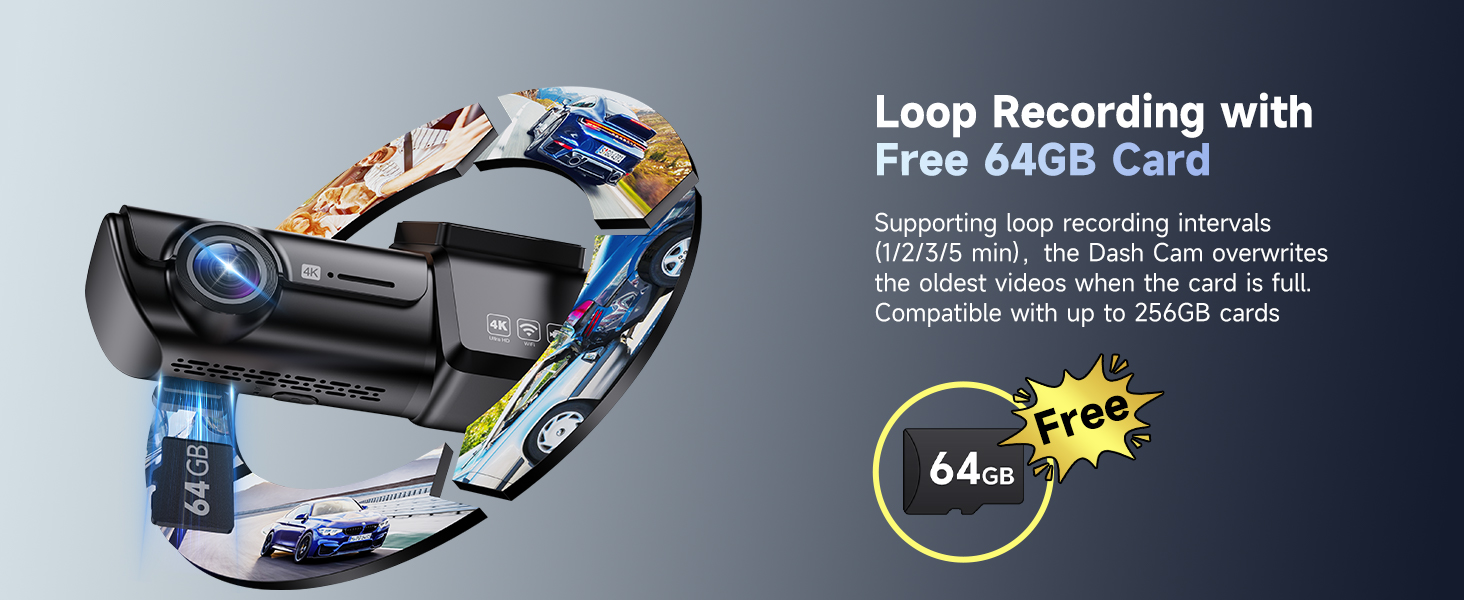 Loop Recording withFree 64GB Card dash cam