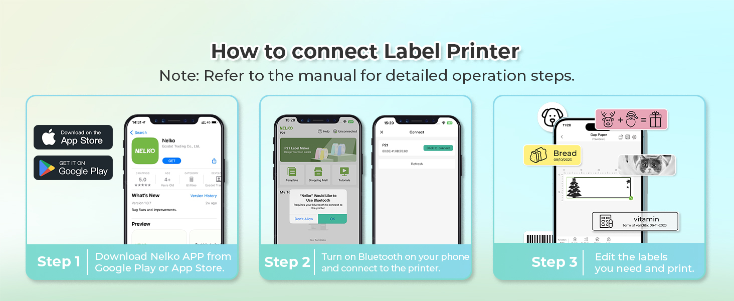Infographic showing three steps to connect a label printer: download app, pair device, and print. Illustrates smartphone screens and a compact label printer with sample labels.
