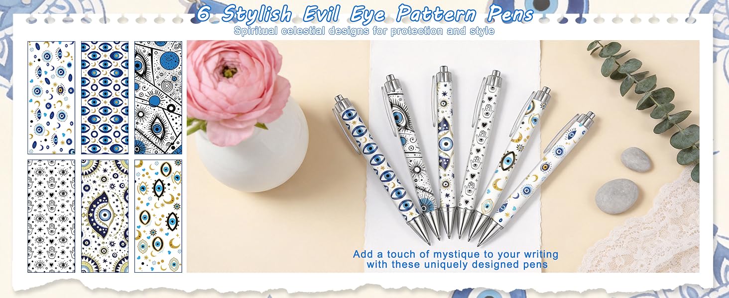 6 Stylish Evil Eye Pattern Pens, Spiritual celestial designs for protection and style
