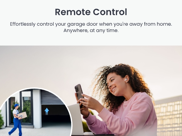Split image showing a person using a smartphone to remotely control a garage door, while a delivery person approaches the opening garage.