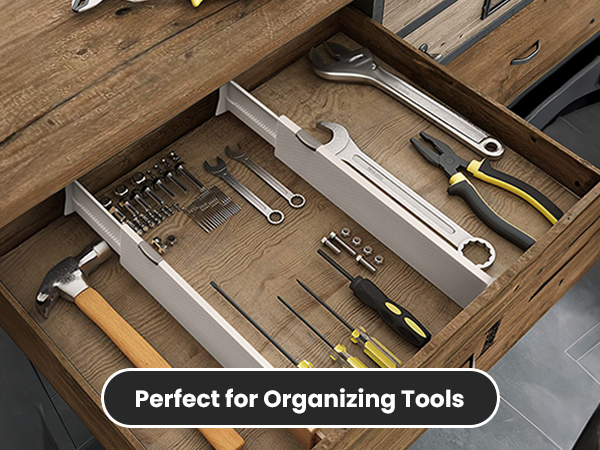 Drawer Dividers being used for tools cabinet shelf