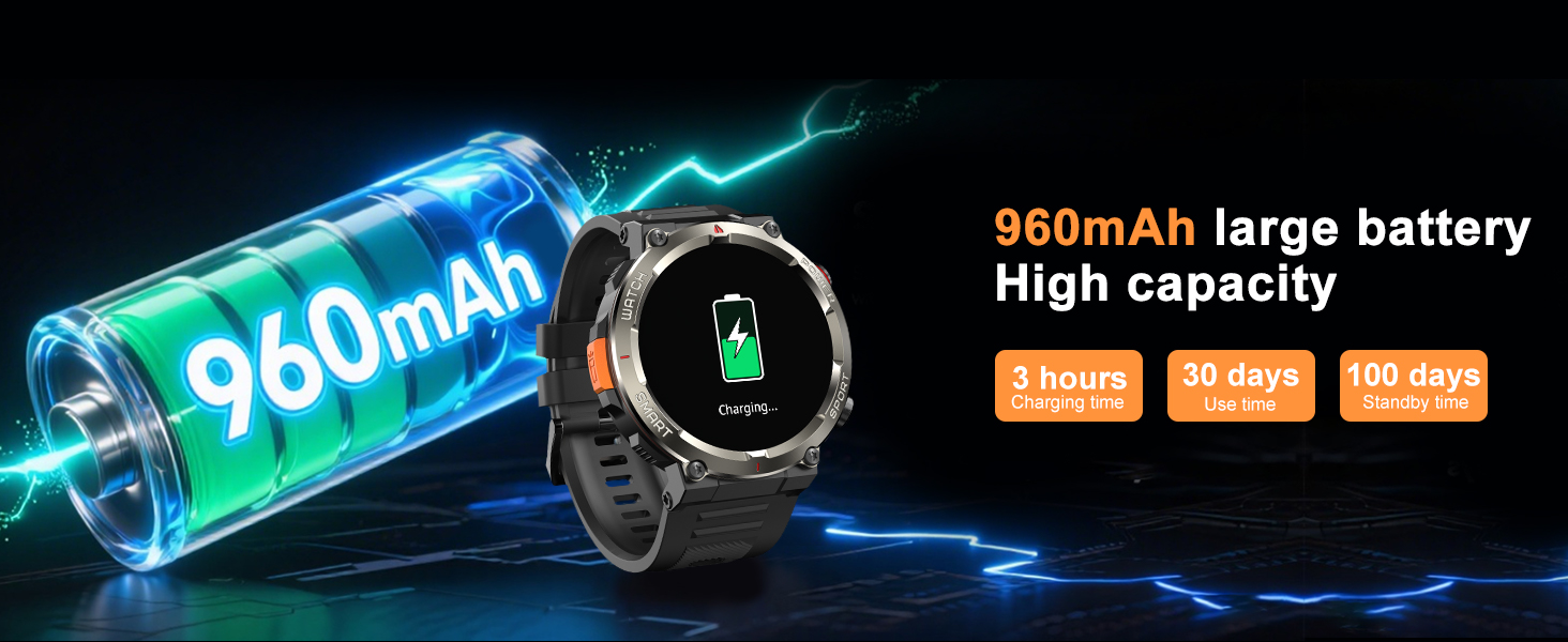 this mens smart watch has a battery capacity of up to 960mAh