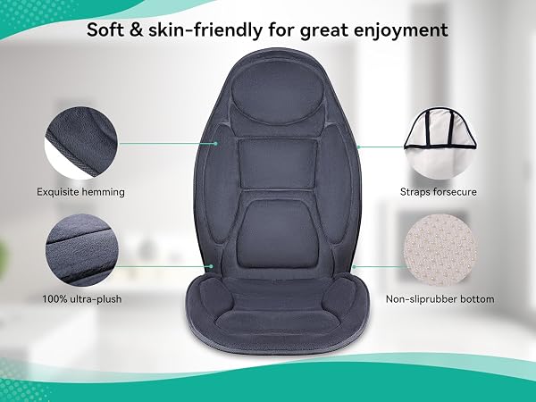 Gray car seat cushion with ergonomic design featuring plush padding, straps for secure fit, and non-slip rubber bottom. Detail shots show ultra-plush material and trimming.