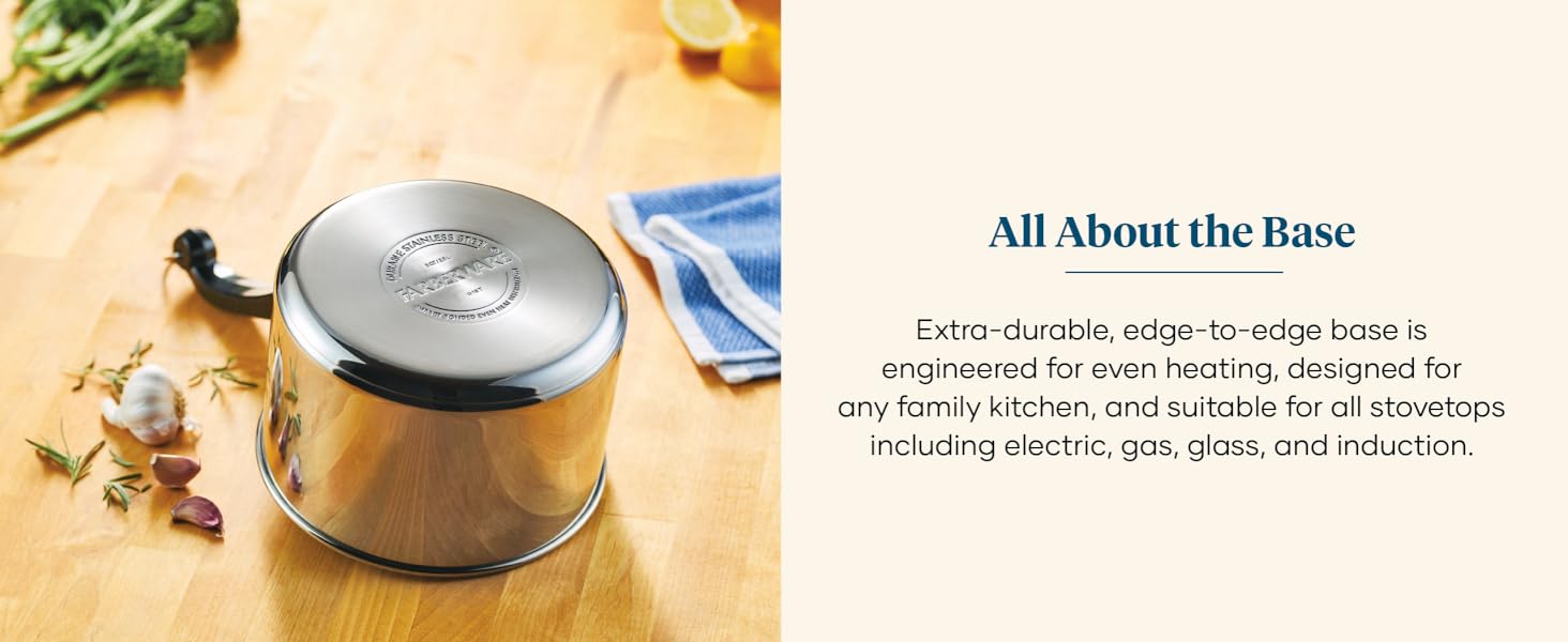 Fully covered stainless steel base is durable and works on all stovetops, including induction.