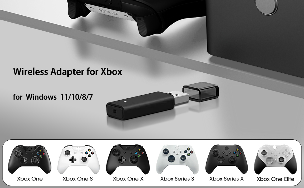 Wireless adapter for Xbox, compatible with Windows 11/10/8/7. Shows black adapter and various Xbox controller models.