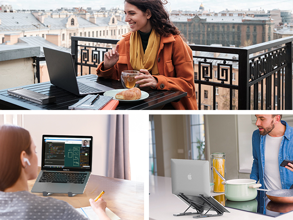 Collage of laptop workstation setups showing various angles of a laptop stand in use at desks and outdoor settings, demonstrating portable and ergonomic workspace configurations.