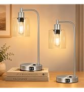 Industrial Touch Control Table Lamps Set of 2 - Brushed Nickel Nightstand Bedside Lamps with 2 US...