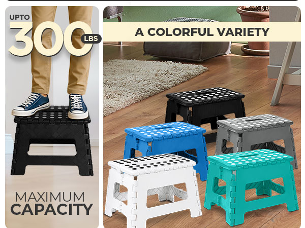 Folding step stools in various colors. Features 300 lbs maximum capacity, compact design. Person standing on black stool demonstrating strength. Multiple stools displayed on wooden floor.