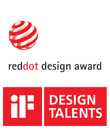 Design award logos showing Red Dot Design Award's circular red symbol and iF Design Talents' red square emblem.