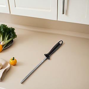 Sharpens ALL blades: chef knives, serrated, boning, even dull scissors. One rod does it all! 