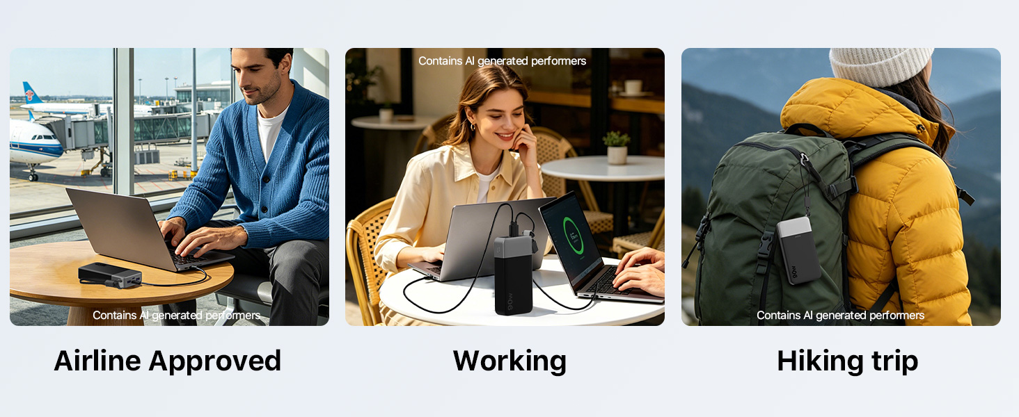 Text reads "Airline Approved", "Working", "Hiking trip". Three panels showing person in blue shirt at desk, person working indoors, and person in yellow jacket hiking outdoors with backpack.