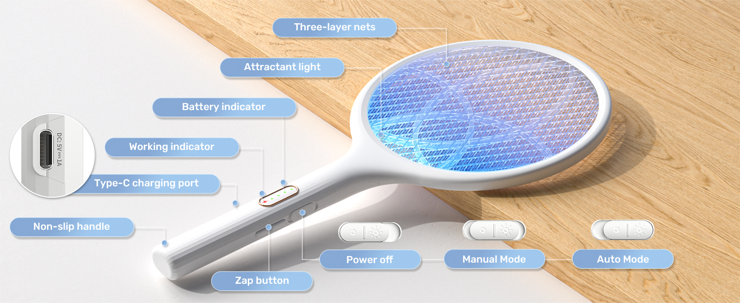 Electric Fly Swatter 4000V Bug Zapper Racket Dual Modes Mosquito Killer