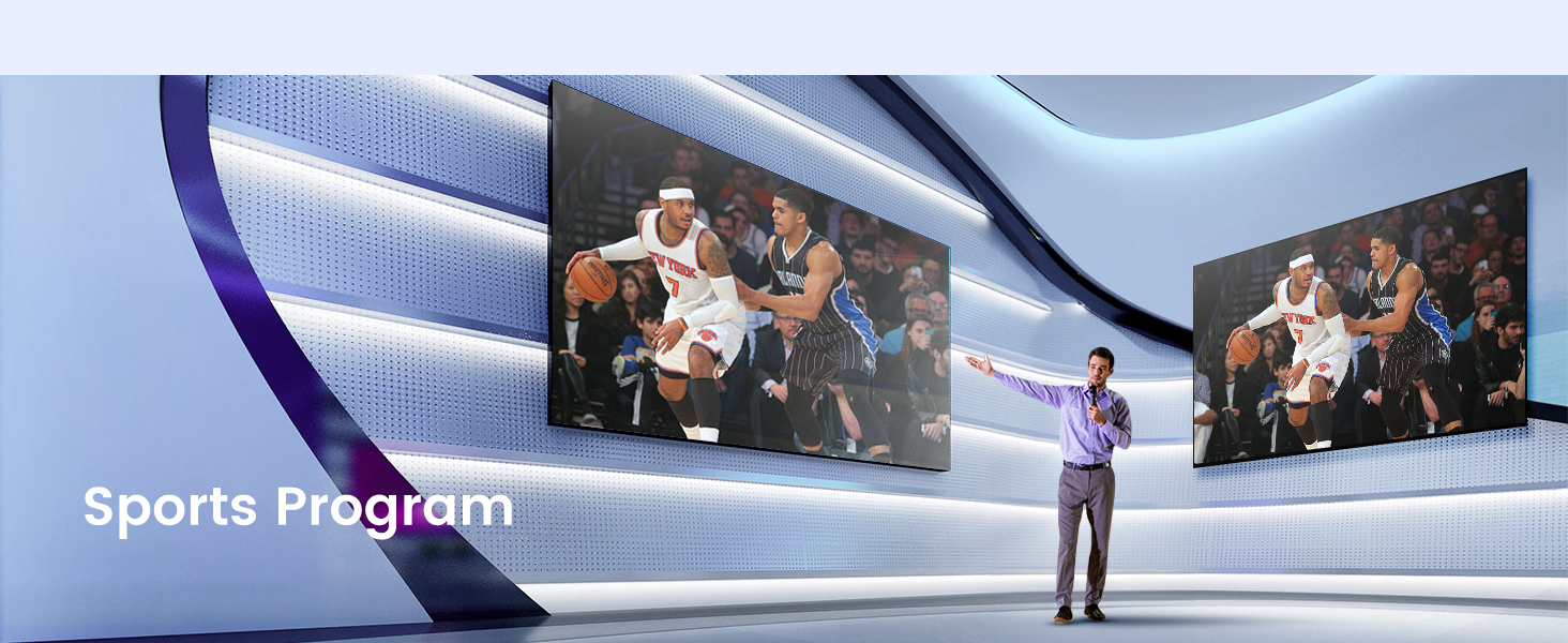 Digital studio setting with multiple large screens displaying sports content. A person stands in front, with 'Sports Program' text visible.