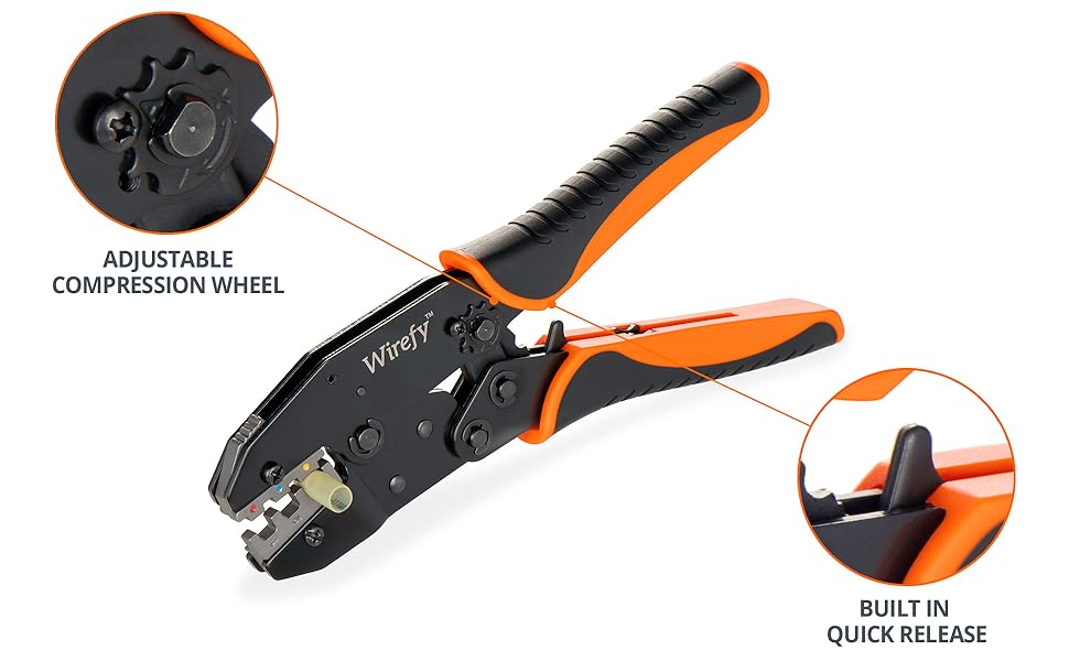 Wirefy crimping tool for heat shrink connectors compression adjustment wheel quick release trigger