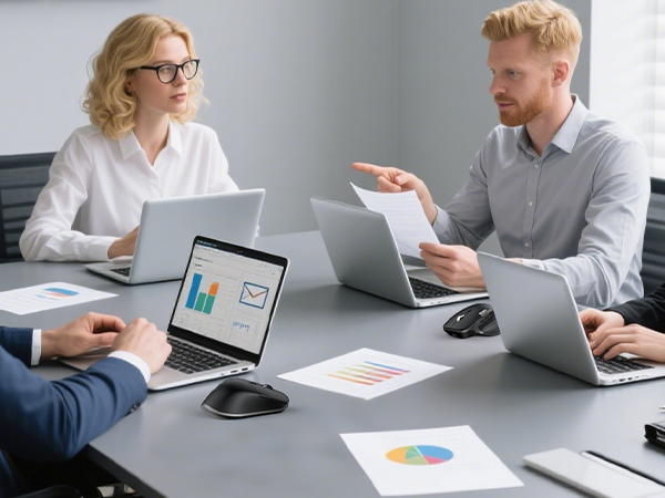 Business meeting scene with people around table using laptops and discussing data, with visible charts and graphs on screen.