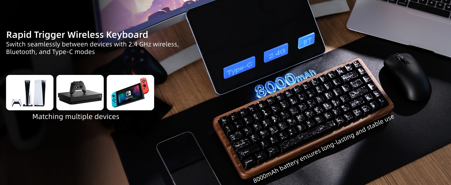 75% Hall Effec Keyboard Wood, Mechanical Keyboard Wireless Rapid Trigger Gaming Custom Keyboard