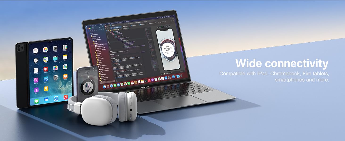 Desktop setup with tablet, laptop, wireless earbuds, and smartphone. Text overlay reads 'Wide connectivity', suggesting multi-device compatibility.