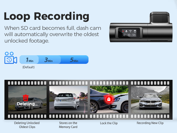 When SD card becomes full, dash cam will automatically overwrite the oldest unlocked footage.