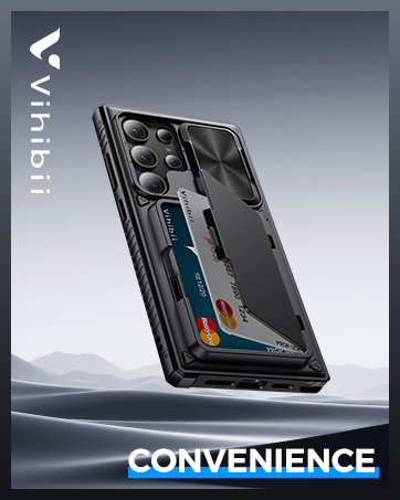 Black smartphone case with card slots and camera cutouts. Features rugged design for protection. Text 'CONVENIENCE' emphasizes its practical nature.