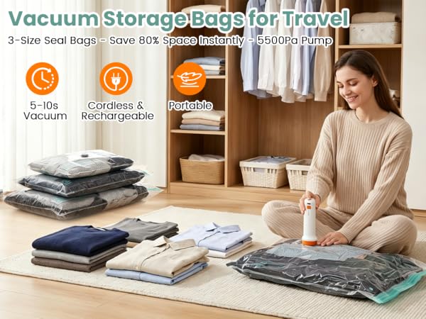 Vacuum Seal Bags for Travel with Rechargeable Cordless Pump, Compression Packing Cubes