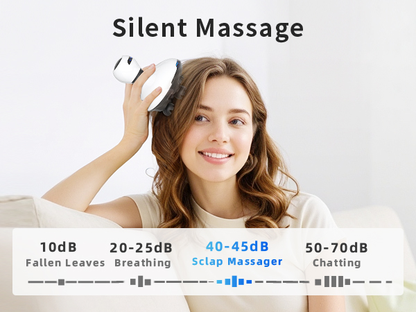 Text reads 'Silent Massage' with decibel level indicators '10dB - 20-25dB - 40-45dB - 50-70dB' showing Falling Leaves, Background, Hair Massager, Cleaning noise comparisons.