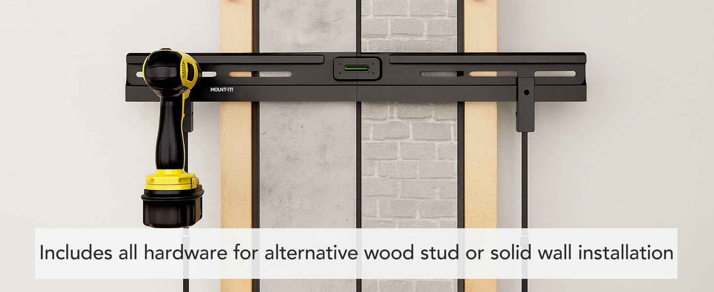 Bracket shown over wood stud, concrete, and brick - hardware included for solid wall installs