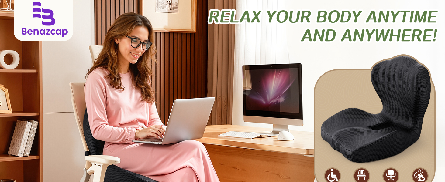 Benazcap Memory Foam Seat Cushion with Lumbar Support Pillow for Office Chair