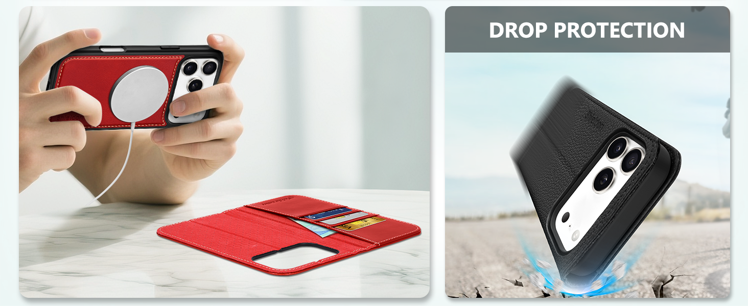 Text reads 'DROP PROTECTION'. Sequence showing demonstration of product drop protection features through multiple angles and positions.