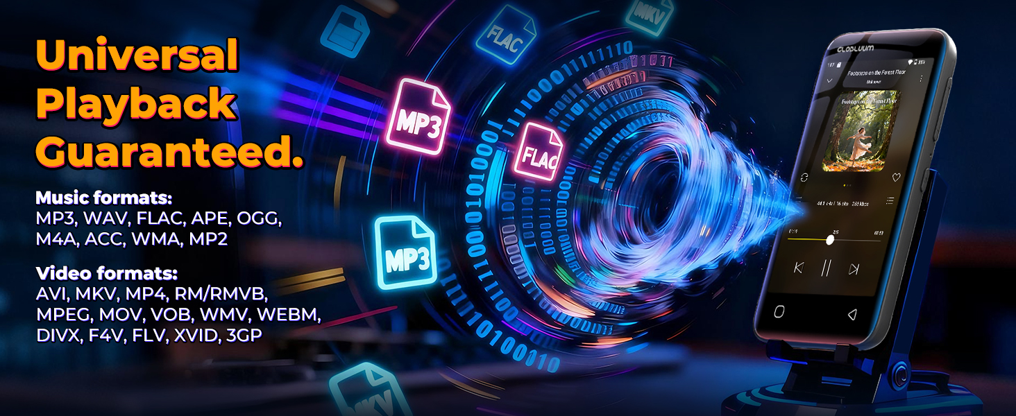 Globluum MP3 player on a stand with animated icons showing support for many music and video formats.