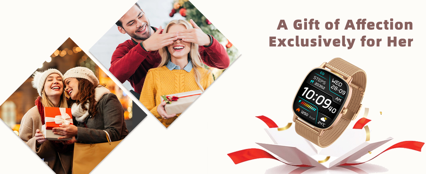 Text reads 'A Gift of Affection Exclusively for Her'. Multiple product images showing gift boxes and wrapped presents in warm tones.