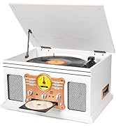 Retro White Woodgrain Bluetooth Turntable | Vinyl Record Player w/CD, Cassette, FM/AM Radio, USB/...
