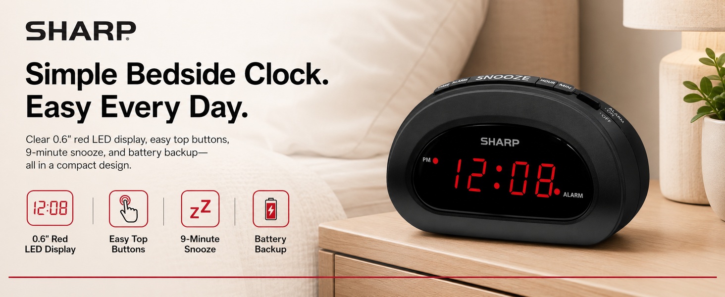Easy setup, simple operation, 9-minute snooze, EZ to use bedroom, nightstand, kids, teens, seniors