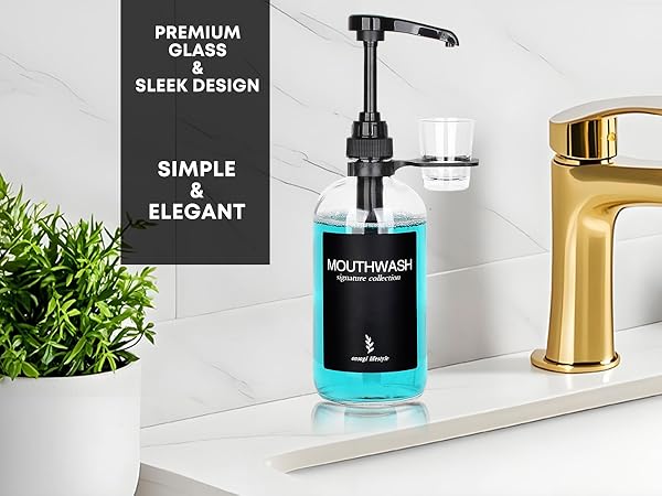 Onsogi Glass Mouthwash Dispenser with Cup Holder and Pump