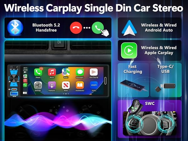 Wireless Carplay Single Din Car Stereo